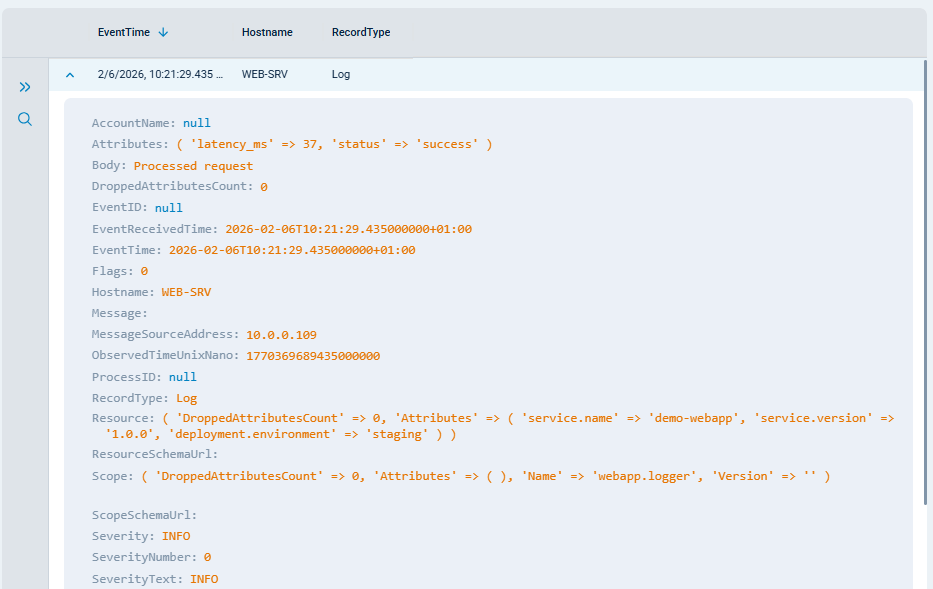 OpenTelemetry log record in NXLog Platform