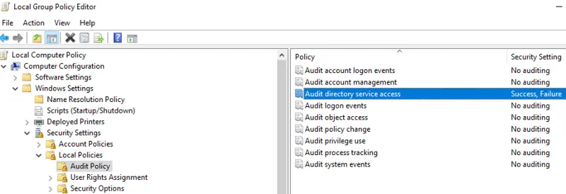Example console screen for changing the auditing settings on Group Policy