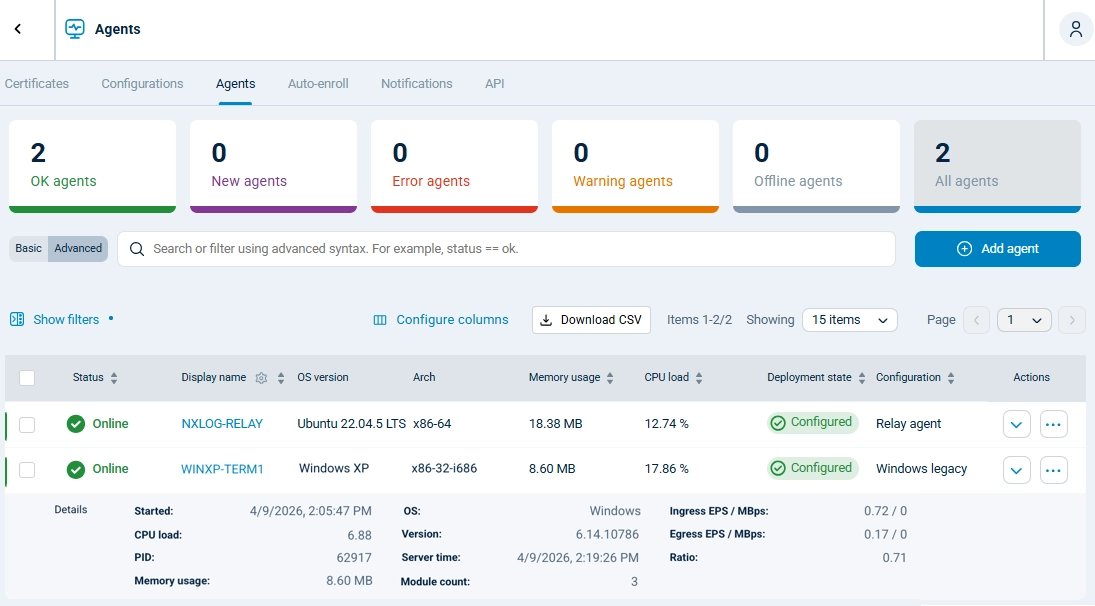 A legacy Windows XP host reporting to NXLog Platform alongside modern agents