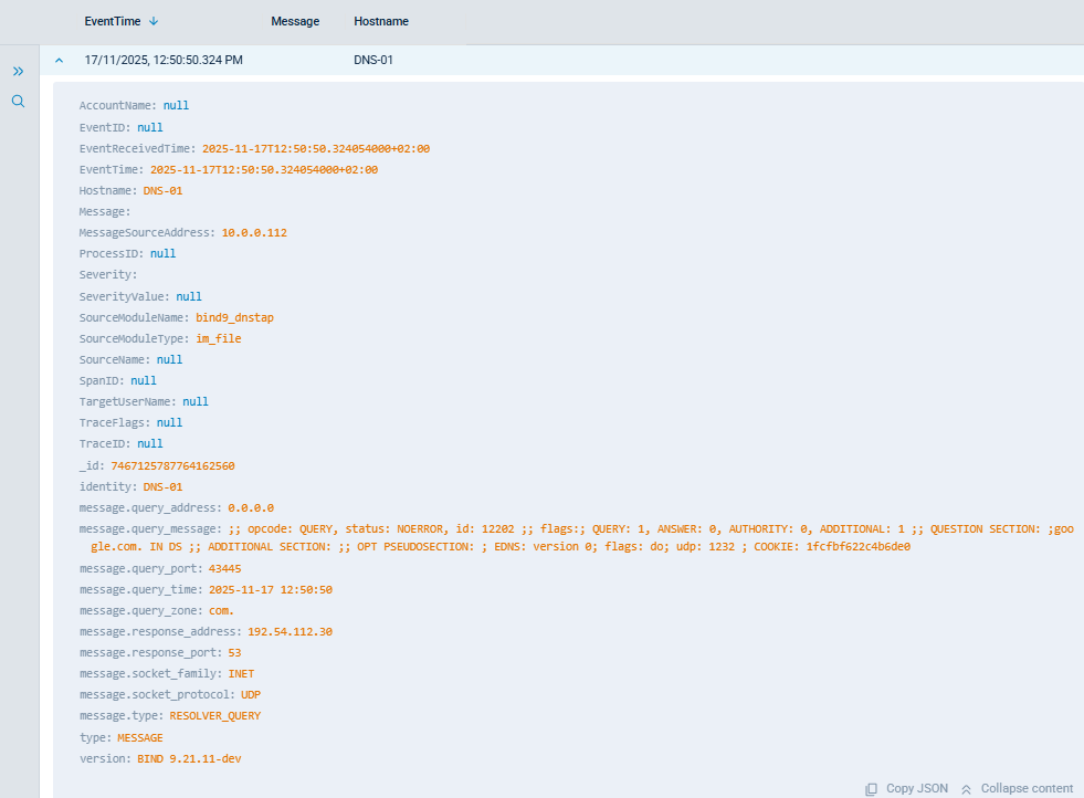 BIND9 dnstap record in NXLog Platform