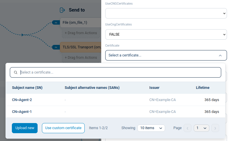 Selecting an agent certificate when configuring an output module