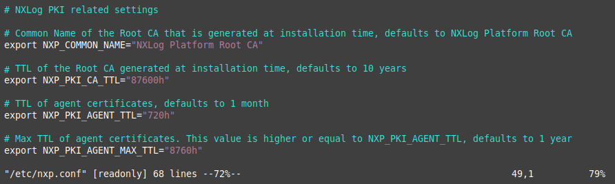 Default NXLog Platform CA settings
