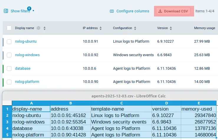 Exporting the agent list