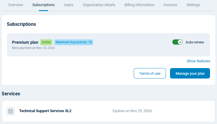 Subscriptions page displaying support contract information