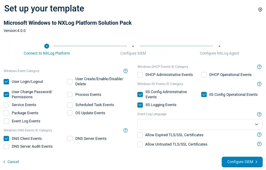 Microsoft Windows to NXLog Platform configuration template