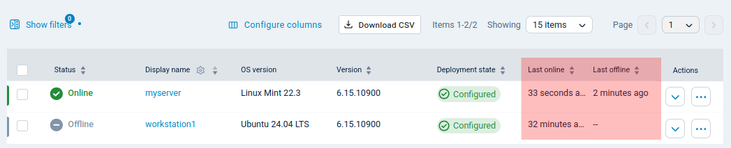 Last online and Last offline columns in the Agents view