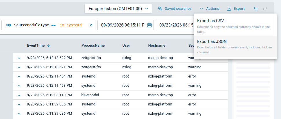 Export dropdown on the log search results page
