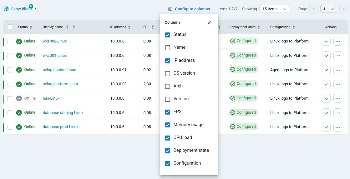 Agent management list with custom display names, table columns, and agent IP address