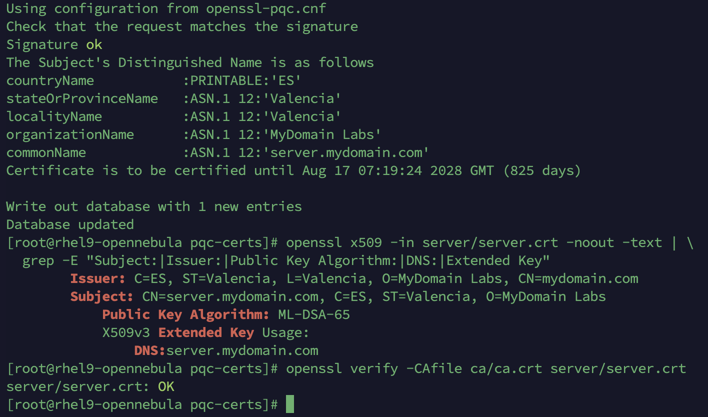 Server certificate issued and verified with Public Key Algorithm ML-DSA-65
