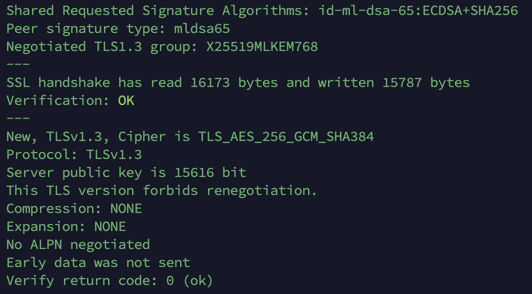 Peer signature mldsa65, negotiated group X25519MLKEM768, TLS 1.3, verification OK