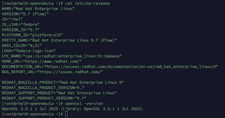RHEL 9.7 with OpenSSL 3.5.1 — the host environment for the test