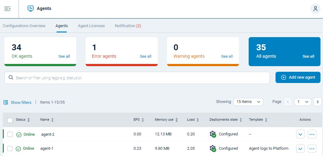 NXLog Platform Agents view