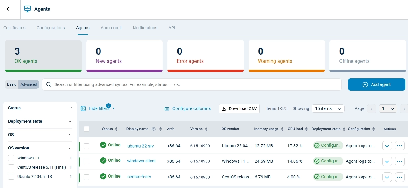 NXLog Platform agents view showing a CentOS 5.11 host next to Ubuntu 22.04 and Windows 11 agents