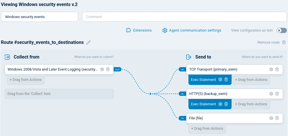 Multiple output destinations configured for an agent in NXLog Platform