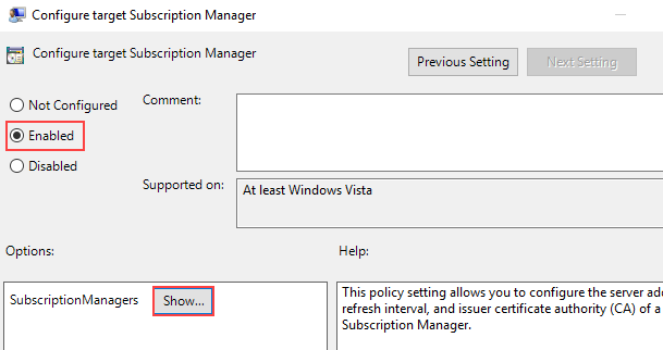 Windows Event Forwarding policy settings