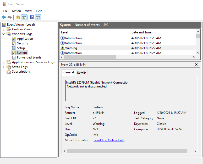 A networking related event in the system channel of Event Viewer